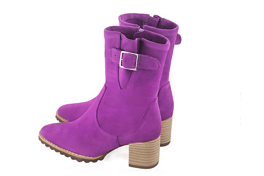 Mauve purple women's ankle boots with buckles on the sides. Round toe. Medium block heels. Rear view - Florence KOOIJMAN